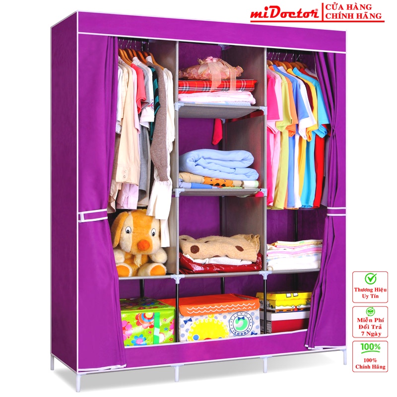 [Shopee Mall - Cao Cấp] Tủ vải đựng quần áo 3 buồng 8 ngăn, 2 buồng 6 ngăn inox bọc vải cao cấp miDoctor