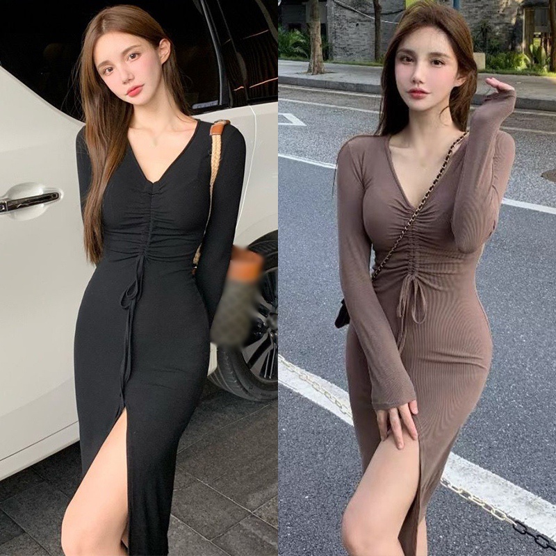 Đầm tay dài cổ chữ v màu sắc nhã nhặn thiết kế mỏng thời trang theo phong cách hàn quốc