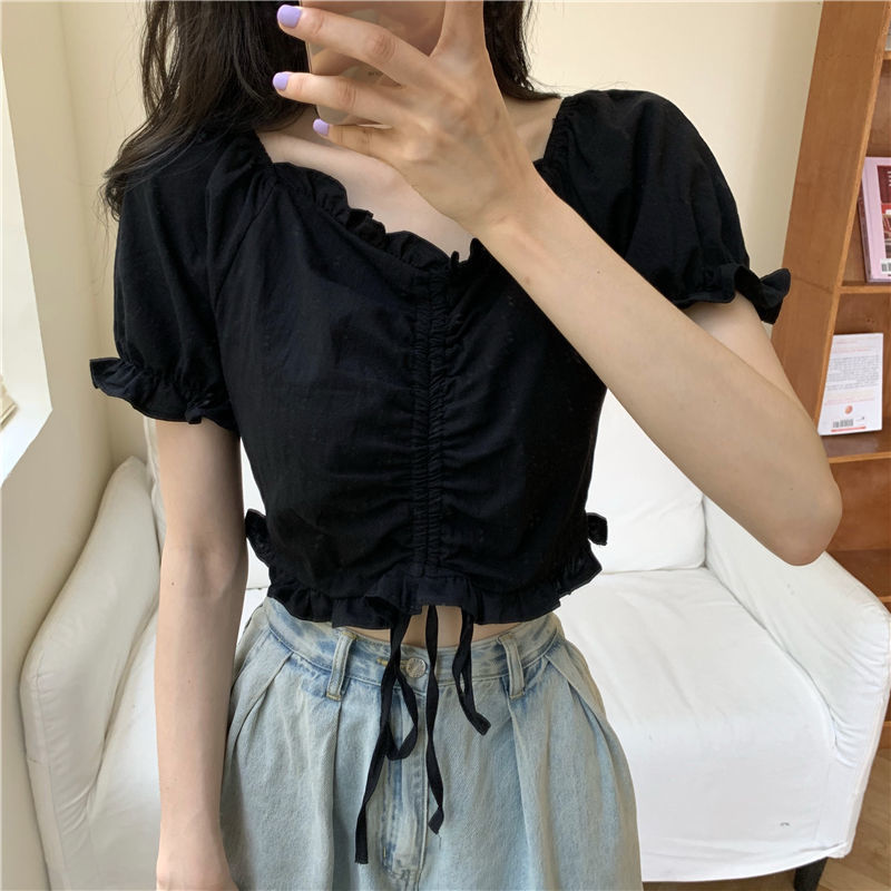 Áo croptop tay phồng cổ chữ V phối dây rút thời trang cho nữ
