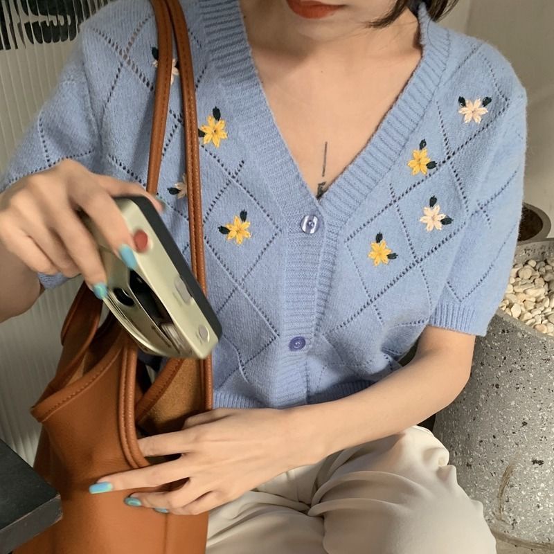 Áo Sweater Ngắn Tay Thêu Họa Tiết Thanh Lịch 185475 Áo Kiểu Cổ Chữ v Phong Cách Retro Xinh Xắn Cho Nữ