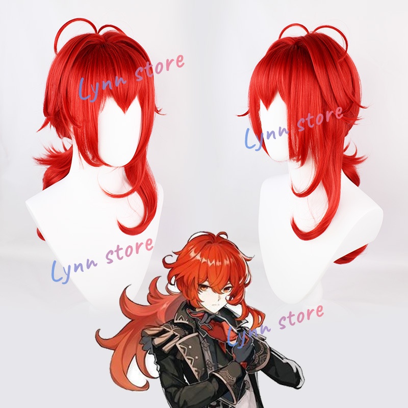 Genshin Impact Cosplay Diluc Ragnvindr Tóc giả Lớp đỏ Vi xoăn phồng Đảng lễ hội Con trai của một nhà quý tộc của nhà máy rượu bình minh