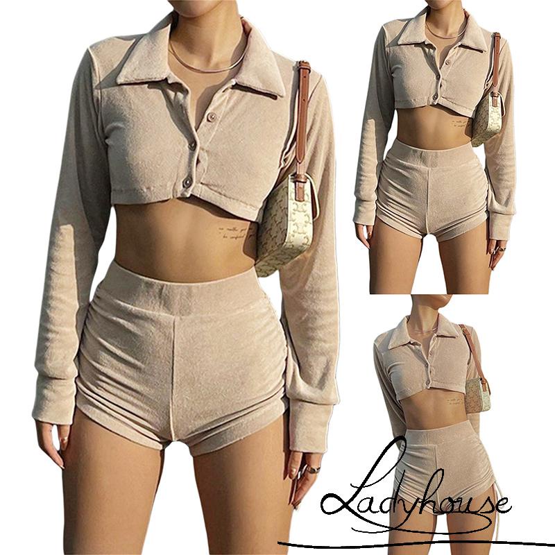 Set áo croptop tay dài cài nút phối quần short cạp cao rút dây quyến rũ dành cho nữ