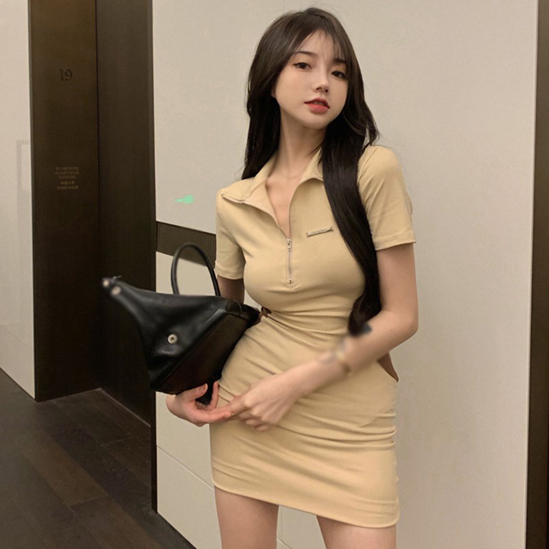 Đầm tay ngắn dáng ôm phối khóa kéo thời trang mùa hè quyến rũ năng động cho nữ