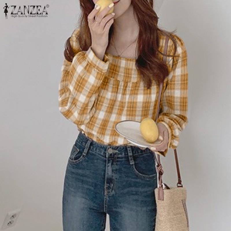 Áo kiểu nữ Zanzea cổ vuông tay dài họa tiết kẻ ô thanh lịch thời trang