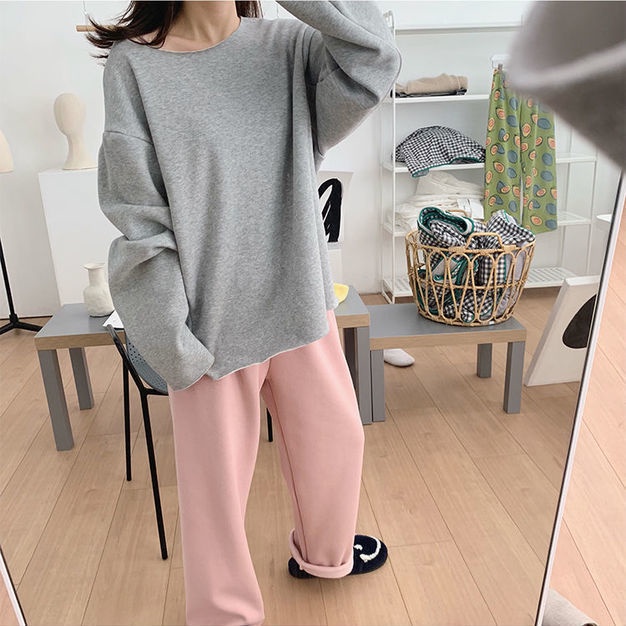 Quần Dài Ống Rộng Lót Nhung Màu Hồng Thời Trang Mùa Đông Trẻ Trung