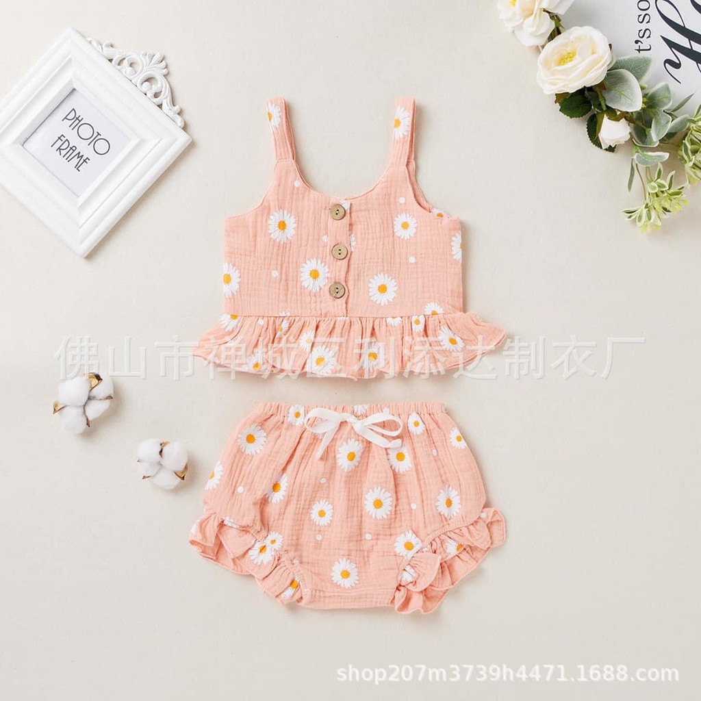 🌸Bộ Hai Dây Chip Hoa🌸 Viền Bèo Đáng Yêu Cho Bé, Size 8 -16Kg