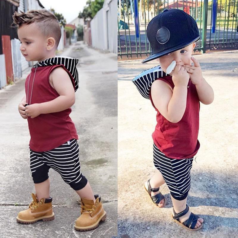 MyBaby Fashion Summer high quality Striped Hooded Sleeveless 2PCS Set