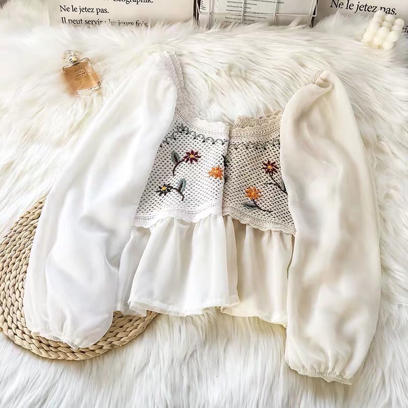 [Order] Áo kiểu nữ voan trắng phối len thổ cẩm. Áo babydoll cổ vuông tay bồng