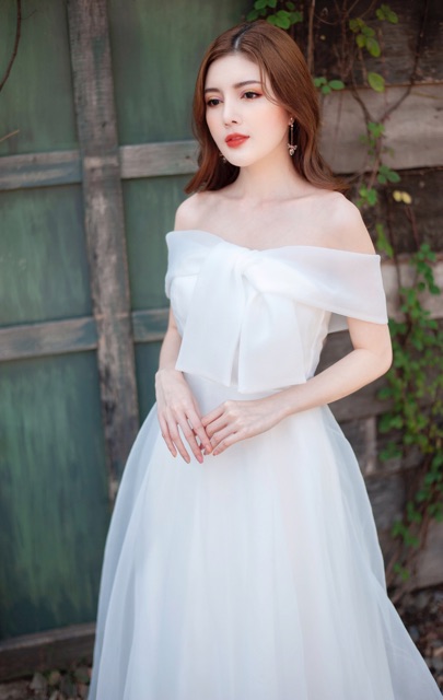 [🍀Free chỉnh sửa] Đầm dạ hội trắng trể vai thắt nơ phom Hàn Quốc 4 lớp phồng xoè dự tiệc/ cưới hỏi siêu xinh