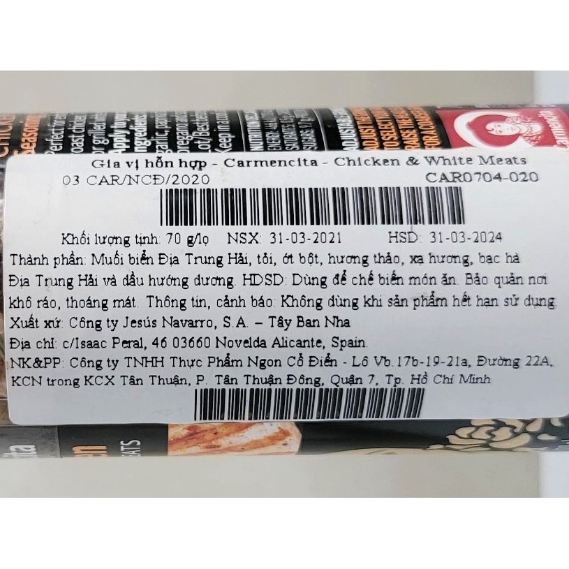 [Lọ 70g] GIA VỊ HỖN HỢP ƯỚP GÀ, THỊT TRẮNG (có nắp xay) [Spain] CARMENCITA Chicken &amp; White Meats Seasoning Grinder (cff)
