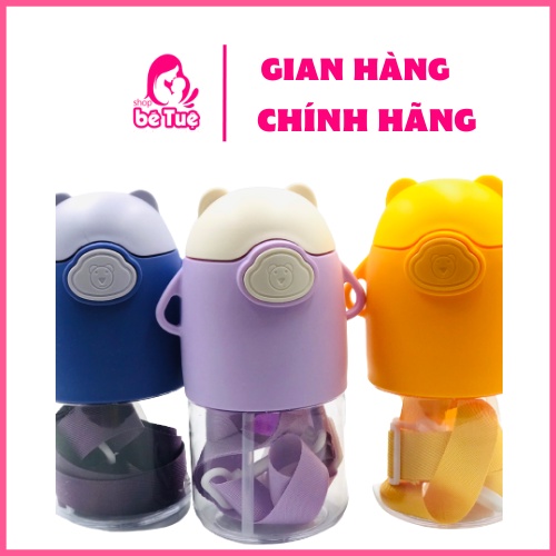 Bình nước tai gấu mẫu mới siêu dễ thương, dung tích 600ml, có dây đeo kèm ống hút và 1 tờ sticker để trang trí