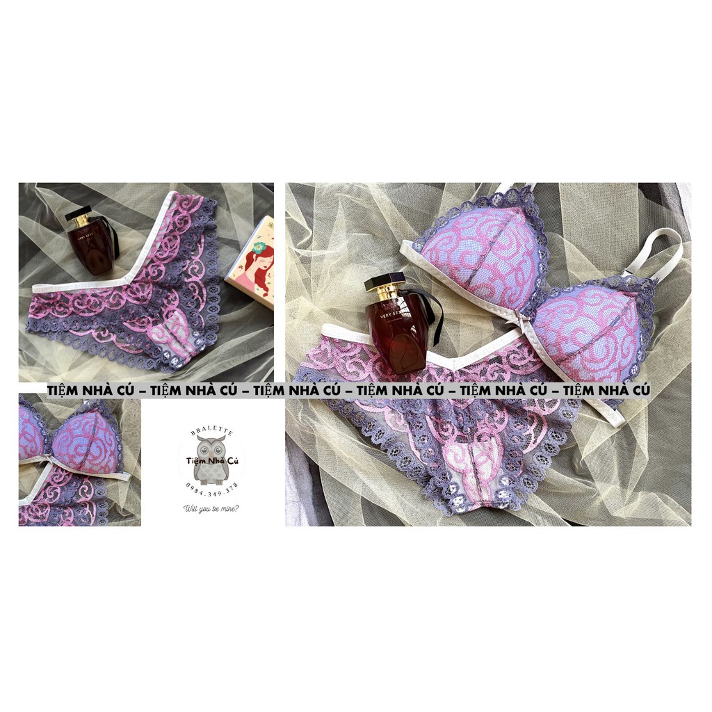 Set bra thiết kế sexy, Đồ lót nữ màu xanh ren hồng gợi cảm ôm ngực nguyên set gồm áo + quần