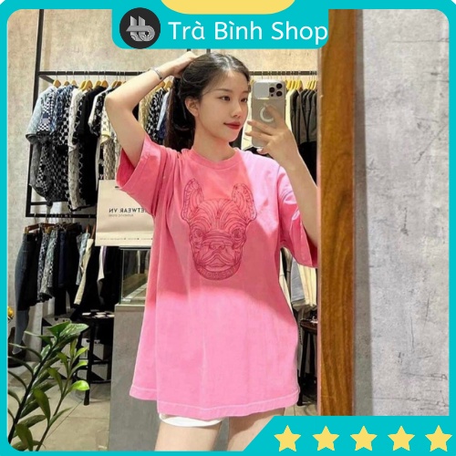 Áo thun chất cotton màu hồng in hình cún cá tính, áo phông hồng form rộng in hình chó