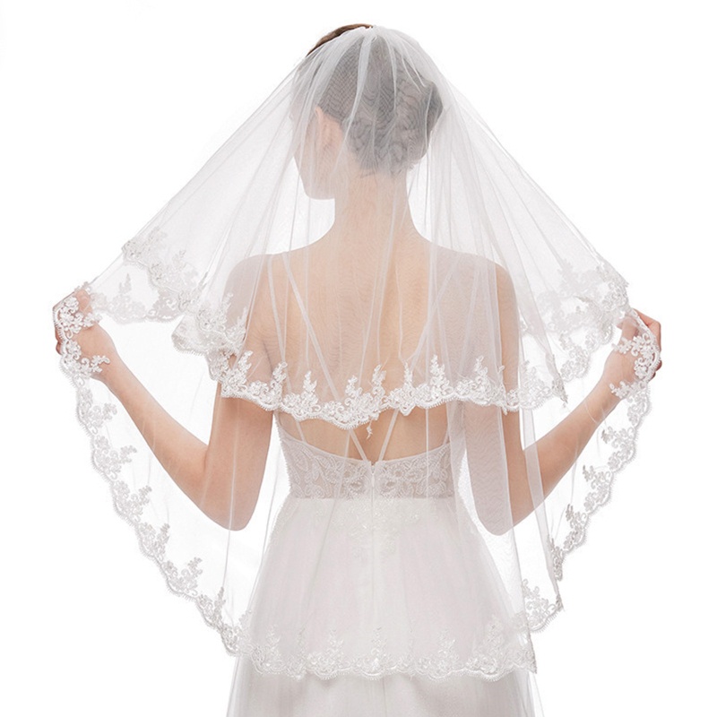 Mạng Che Mặt Vải Tuyn Hai Lớp Phối Ren Hoa Cho Cô Dâu