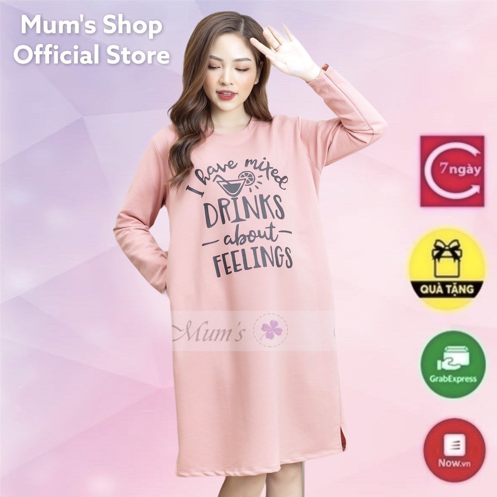 ĐẦM BẦUFREESHIP Váy cotton nỉ da cá dài tay in chữ