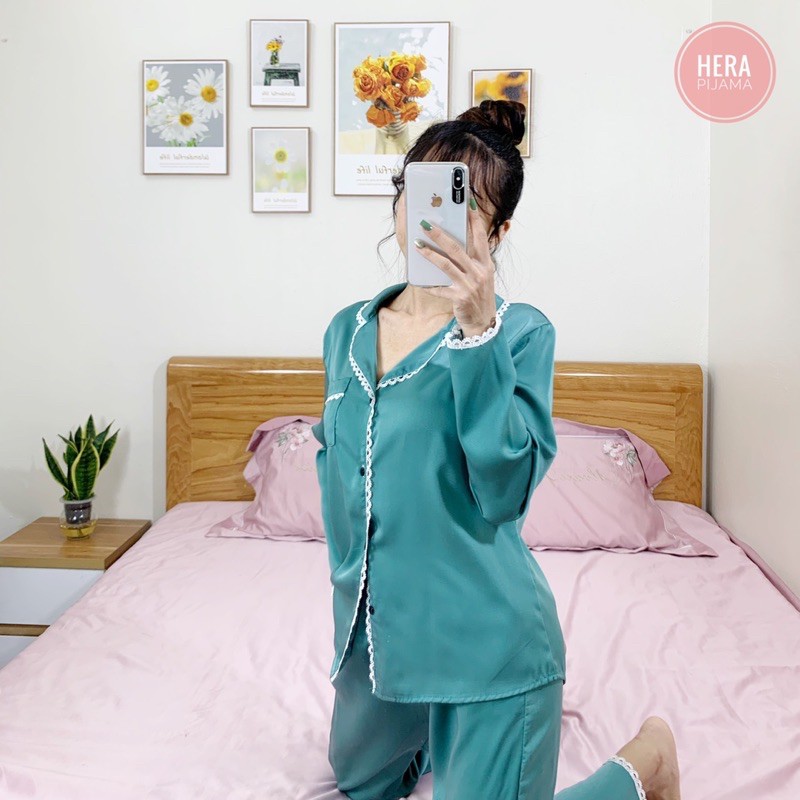 Đồ Bộ Cát Hàn, Đồ Pijama Lụa Ngọc Trai Cao Cấp Áo Dài Tay Phối Ren - Hera Pijama