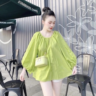 Áo thô kiểu cổ tròn tay bo viền màu xanh cốm tiểu thư