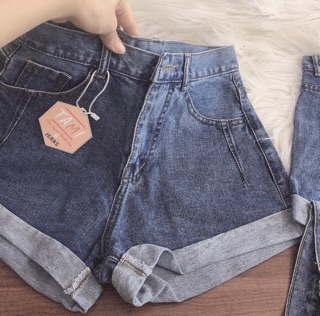 Quần short jean lưng cao lật lai