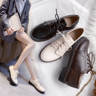 Giày Da Mũi Tròn Gót Thấp Phối Dây Thắt Sành Điệu Cho Nữ