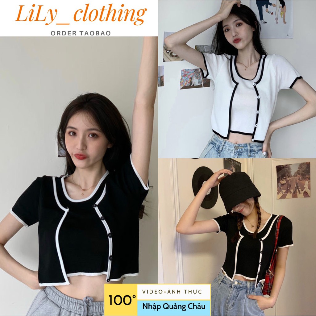 Áo kiểu nữ tay ngắn dáng crt đen trắng nhập Taobao phong cách kiểu Hàn