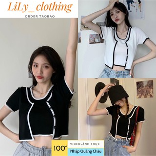 Áo croptop nữ giả set Quảng Châu [VIDEO+ẢNHTHẬT] Áo kiểu nữ tay ngắn dáng crt đen trắng nhập Taobao phong cách kiểu Hàn
