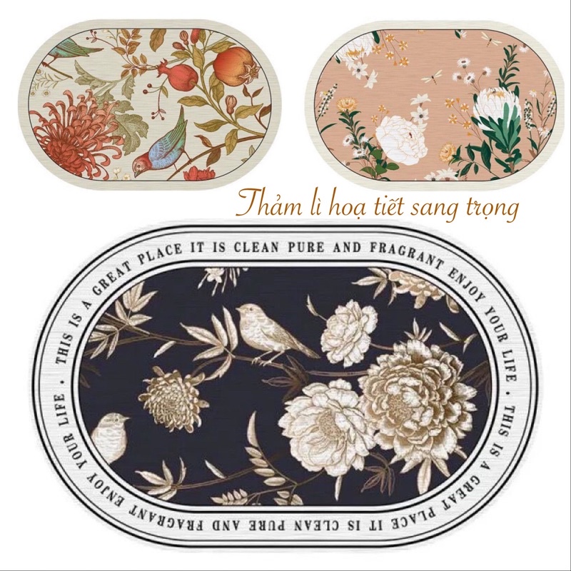 Thảm chùi chân hình oval chất liệu thảm lì giá rẻ phong cách Châu Âu hoa cỏ Liminho Shop
