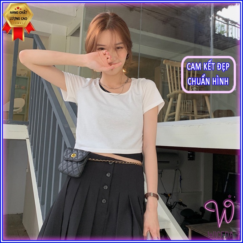 Áo croptop cổ vuông tay ngắn đẹp,áo thun cải màu xinh chất 100% cotton mềm mịn màu đen trắng hồng ghi Wiceda AK261