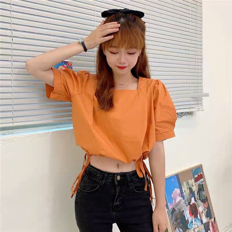 [RẺ VÔ ĐỊCH]  Áo Voan Croptop Cổ Vuông Tay Phồng Rút Dây Nữ Tính BG6321 mới