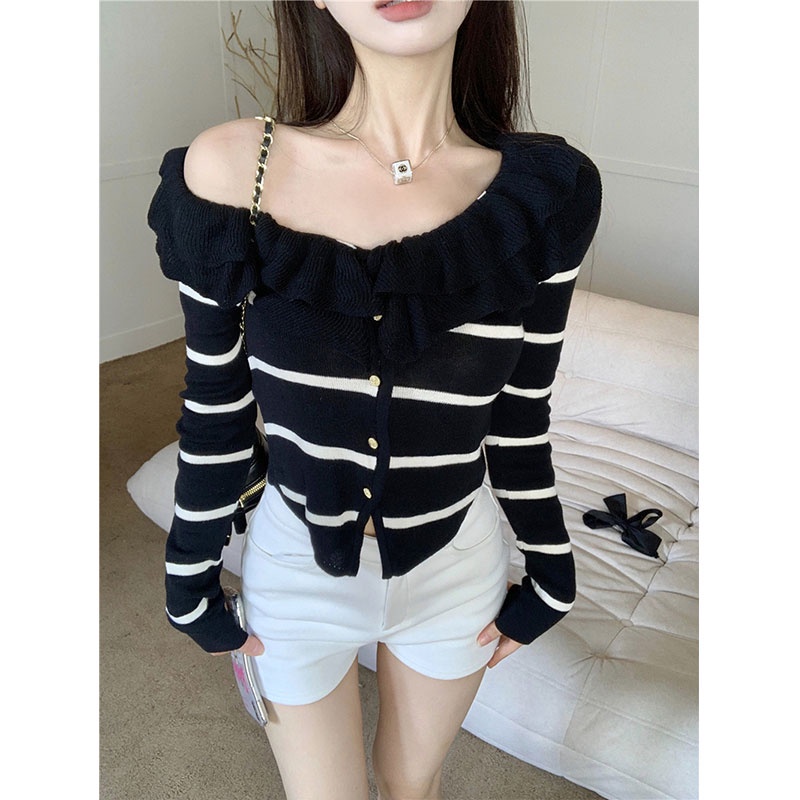 Áo Thun Tay Dài Hở Vai Họa Tiết Kẻ Sọc Thời Trang Hàn Quốc Dành Cho Nữ