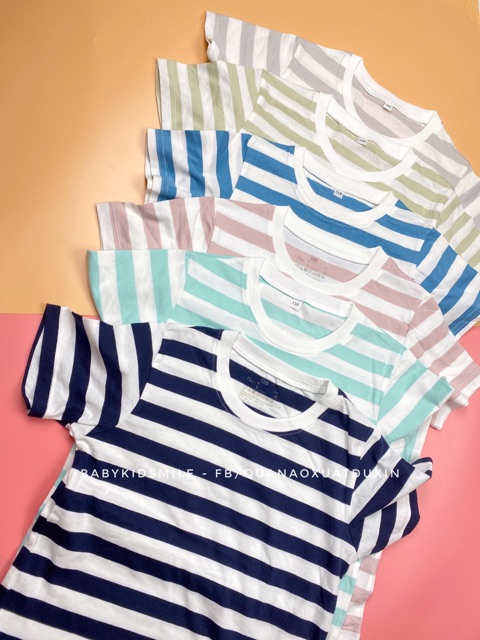 Áo Muji cộc tay xuất Nhật cotton mềm mại Áo kẻ ngang bé trai bé gái mặc được size 80-150