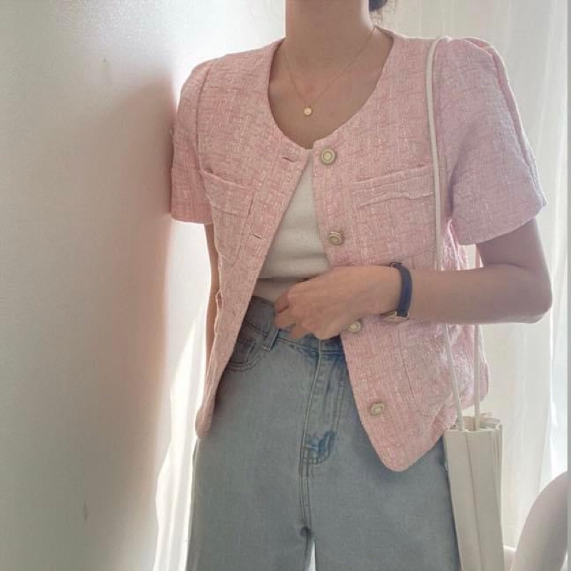 Áo khoác dạ tweed nữ mùa đông tay ngắn nút bọc dày dặn trơn cao cấp - Order taobao quảng châu