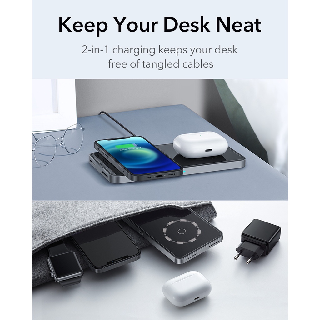 Đế sạc không dây nam châm 2 trong 1 ESR HaloLock cho iPhone 13/ 12 Và AirPods (Hỗ trợ MagSafe)