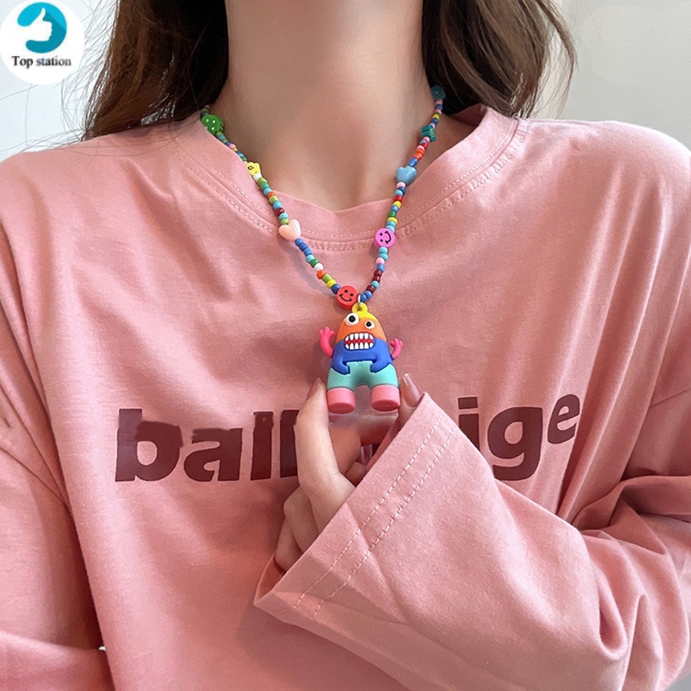 Vòng cổ Mặt Thỏ Quái Vật Hoạt Hình Đính Hạt Màu Cầu Vồng Kiểu Hip-hop