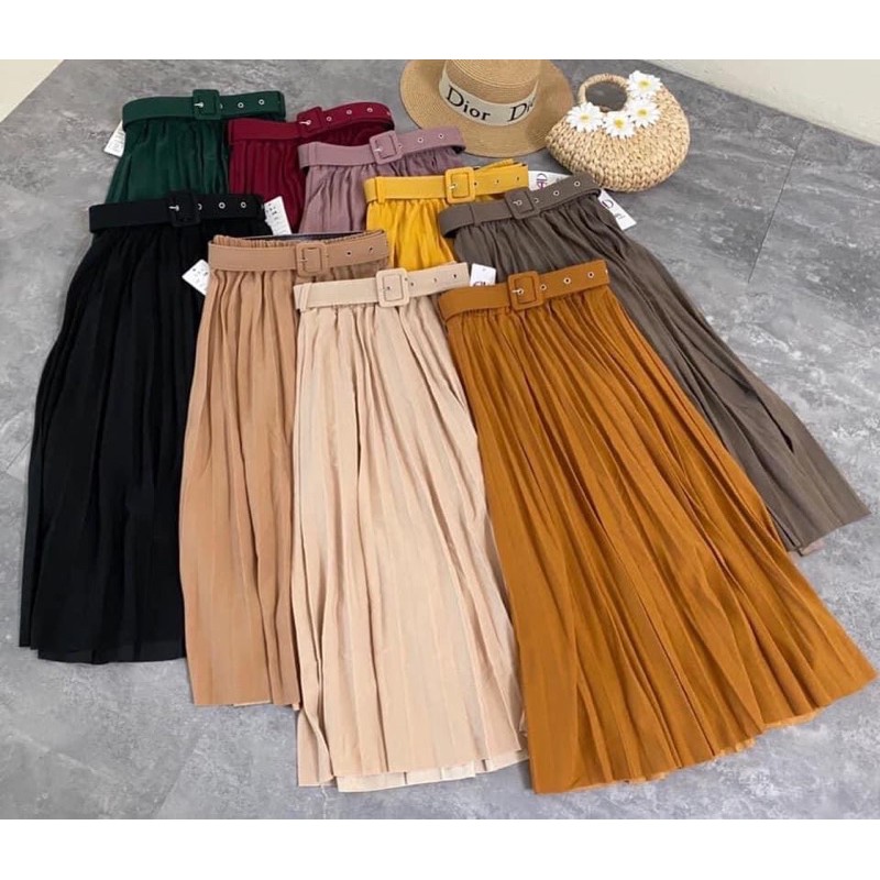 Chân váy xếp ly dài kèm đai lỗ b100