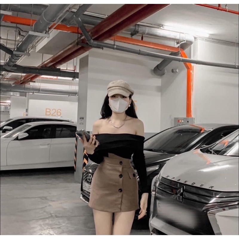 Set áo bẹt vai phối chân váy nút. alohashop91