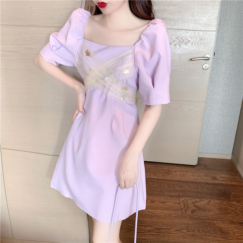 Phong Cách Hàn Quốc A Line Dress Mesh Stitching Design Summer Square Collar Puff Sleeve Women