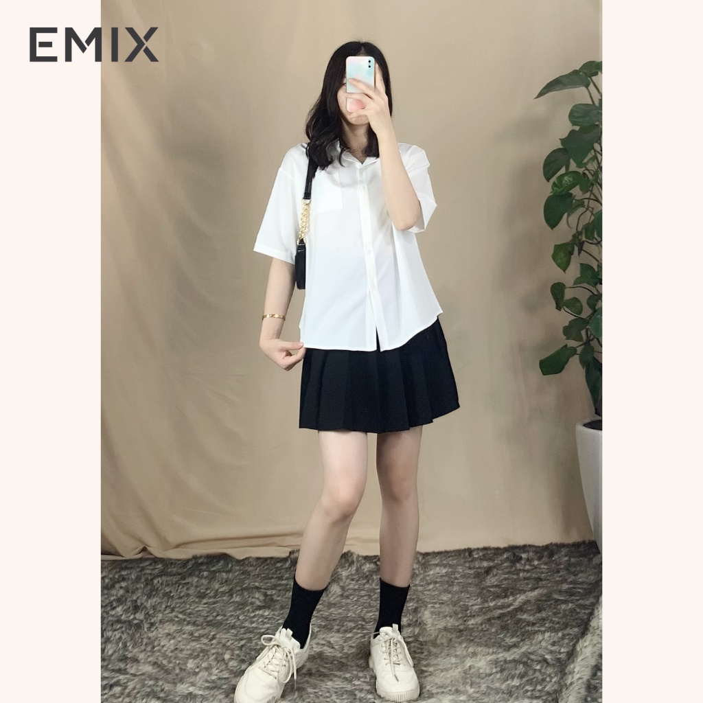 Áo sơ mi nữ cộc tay EMIX (màu trắng), basic, unisex, dáng rộng, túi trước, hàng may kỹ, vải lụa thô đẹp không lộ A045