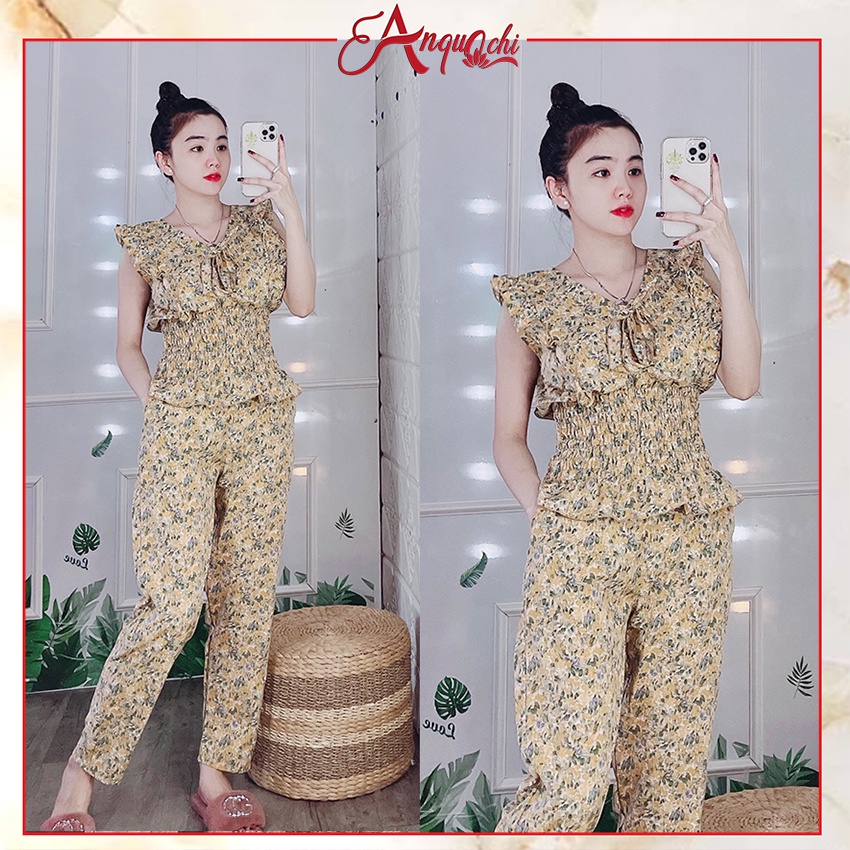 Đồ Bộ Nữ Mặc Nhà Anquachi Quần Dài Lụa Hoa Nhí Lưng Thun Mặc Ở Nhà Đẹp Đi Chơi Dễ Thương S068