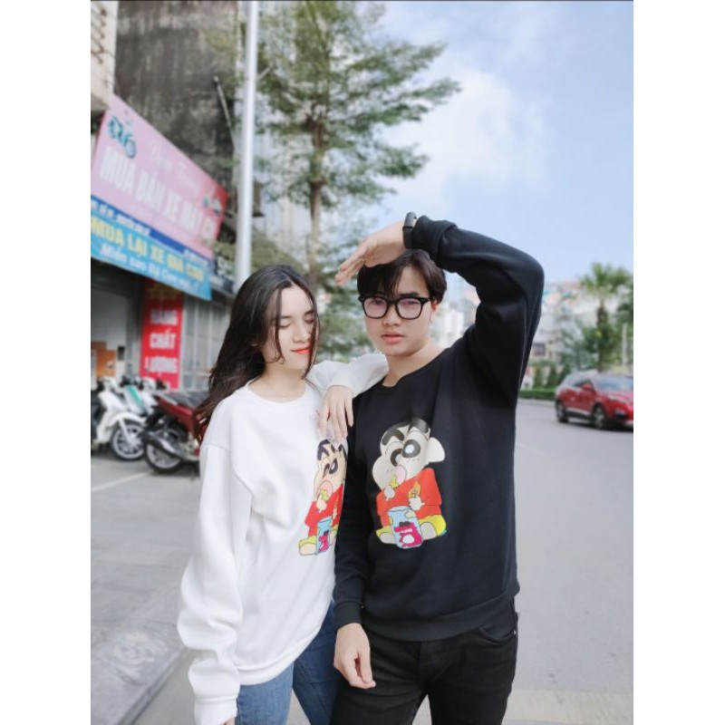 Áo nỉ Sweater hoạt hình shin form suông rông unisex cổ tròn, chất nỉ bông siêu ấm, cậu bé bút chì