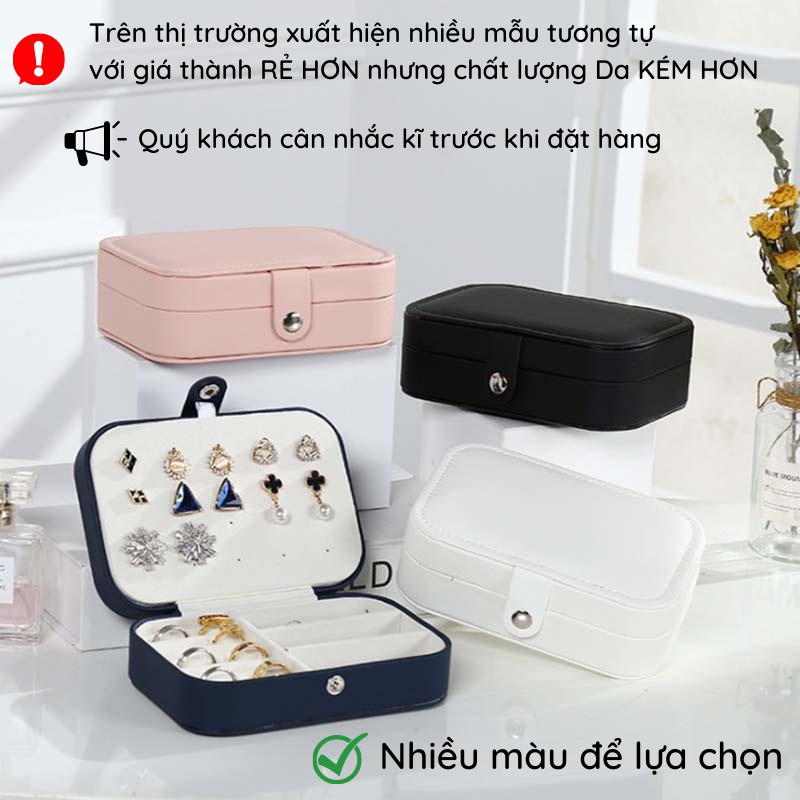 Hộp đựng trang sức mini bằng da PU cao cấp sang trọng chia ngăn để dây chuyền, nhẫn, vòng cổ tiện lợi 16cm