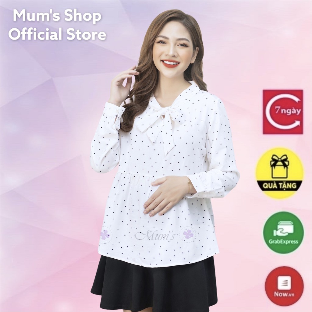 ÁO BẦU FREESHIP CHẤT voan trắng chấm bi dài tay Thời trang bầu công sở