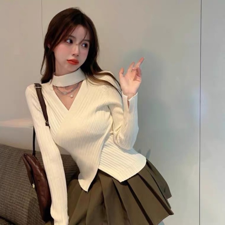 Áo croptop SUXI vải dệt kim tay dài màu trơn thời trang Hàn Quốc