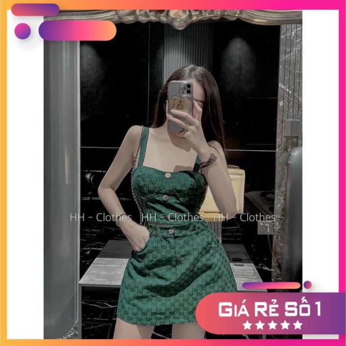 Set áo 2 dây cúp ngực phối nút in kín gucci có mút ngực, chân váy chữ A đi tiệc sang chảnh