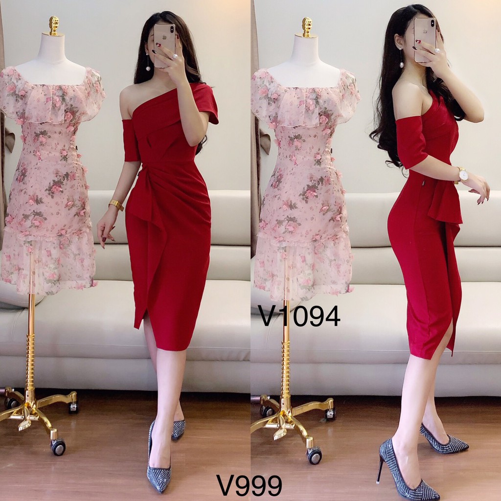 VÁY ĐỎ BODY LỆCH VAI V999 - QUEEN SHOP DOLCE VIVA COLLECTION ( ảnh trải sàn do chính tay chị chủ tự chụp)