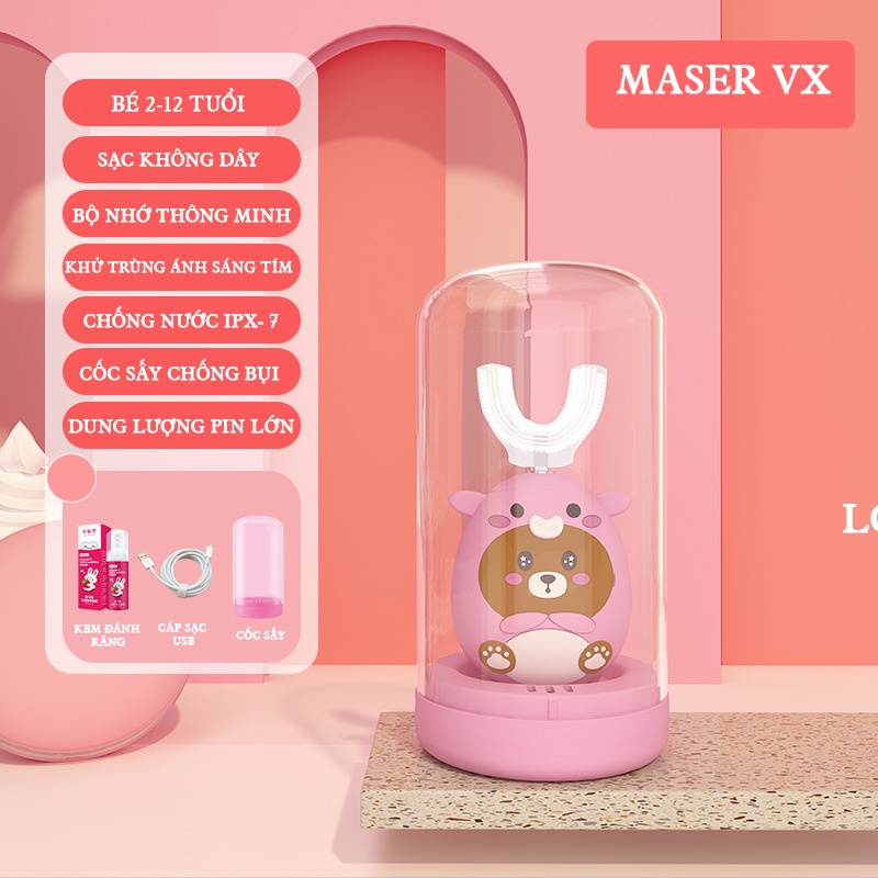 Bàn chải điện cho bé MOKA cao cấp, Bàn chải đánh răng điện cho bé đầu chải siêu mềm, Tặng đầu chải và kem đánh răng