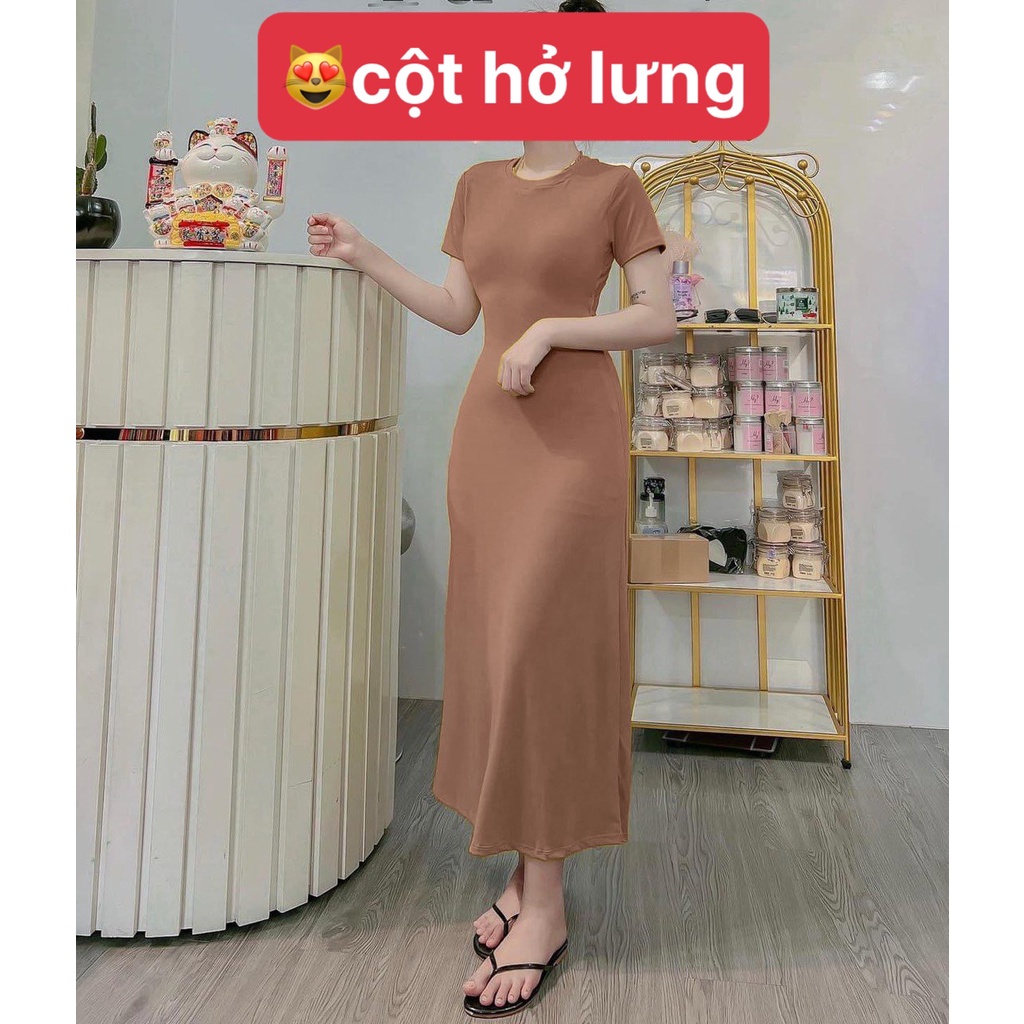 Đầm dáng dài cổ tròn tay ngắn hở lưng buộc dây xinh