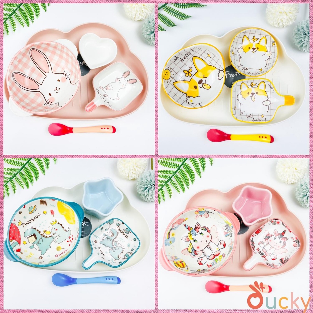 Set Bát Sứ Ăn Dặm Cho Bé Kiểu Nhật Đủ Màu, Combo Bát Ăn Dặm Gốm Sứ Gồm Khay Bát Thìa Báo Nóng Cao Cấp Babyducky