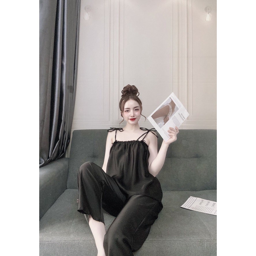 sét đồ ngủ hai dây nhún lụa satin quần dài cao cấp tiểu thư dễ thương