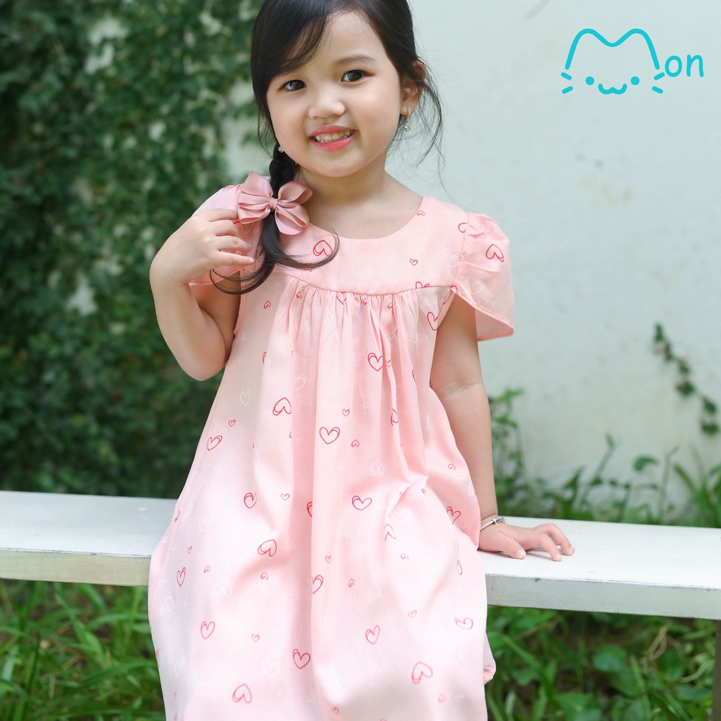 Đầm cho bé gái babydoll đũi tằm 1-6 tuổi họa tiết trái tim màu hồng MonBabies VL03