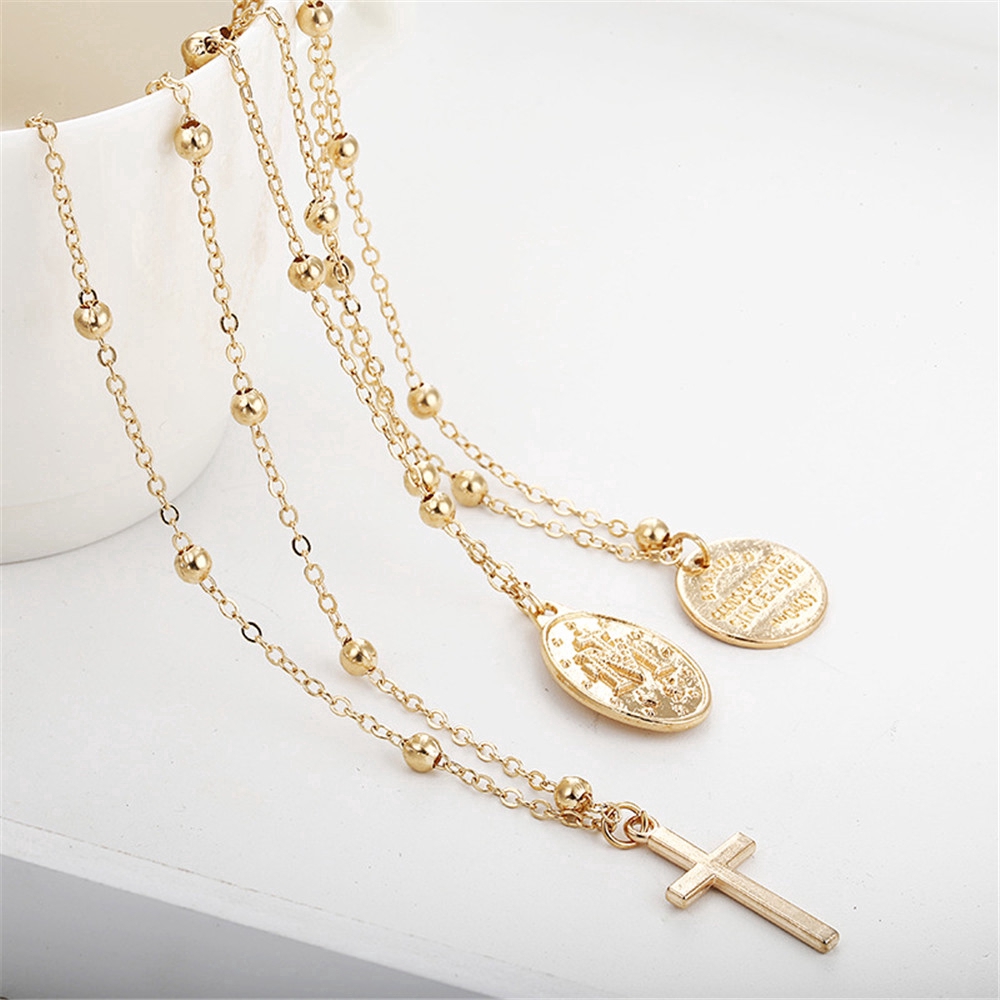 XIJING-COD 3pcs Woman Bohemian Vintage Multi-layered Gold Necklace Cross Virgin Mary Pendant Necklace